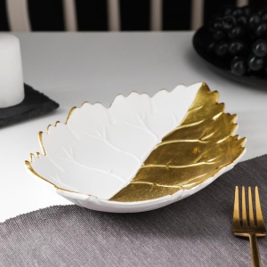 Блюдо мдф для фруктов 25,5*17*3,5 см Золотой лист, золото/белый